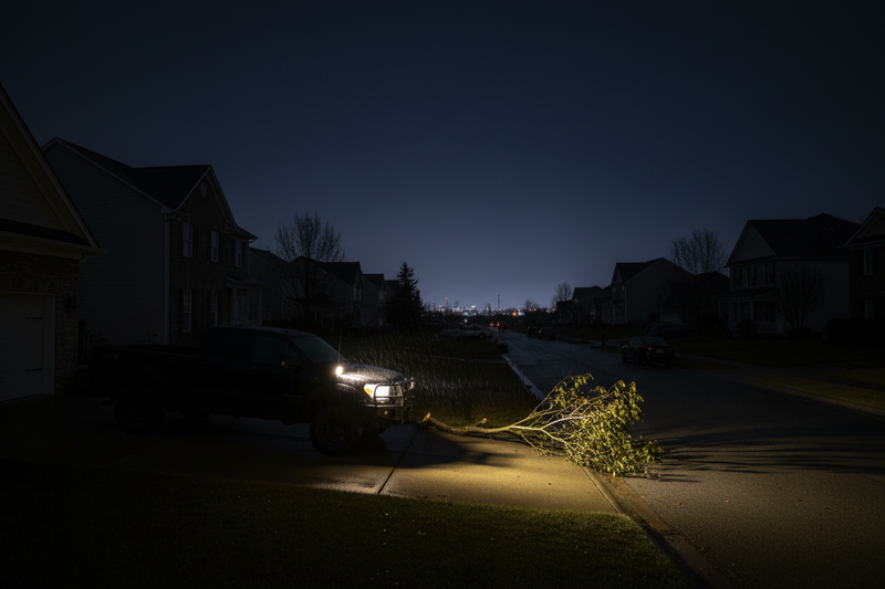 Pickup truck with A-pillar mounted spotlight illuminating driveway during a power outage at night